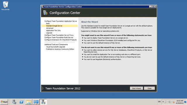 Install & Configure Team Foundation Server 2012: Selecting your wizard