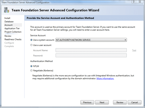 Team Foundation Server Configuration - Advanced - Account