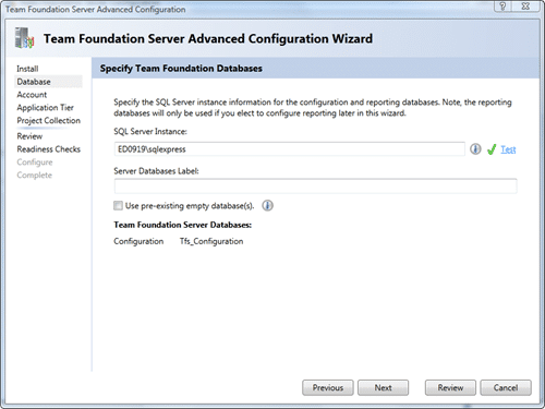 Team Foundation Server Configuration - Advanced - Database