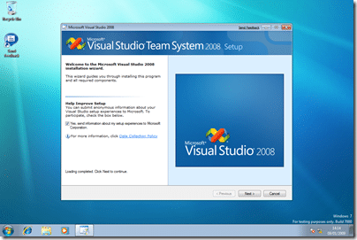 Windows 7 with Visual Studio 2008: Welcome to the Microsoft Visual Studio 2008 installation wizard