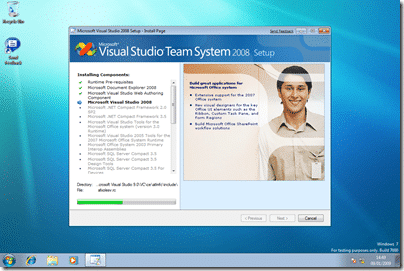 Windows 7 with Visual Studio 2008: Welcome to the Microsoft Visual Studio 2008 Installing Components