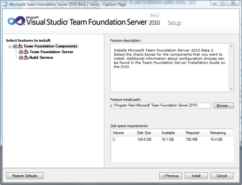Microsoft Team Foundation Server 2010 Install - Options Page