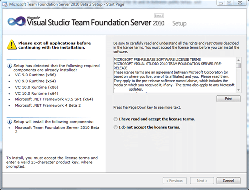 Microsoft Team Foundation Server 2010 Install - Start Page