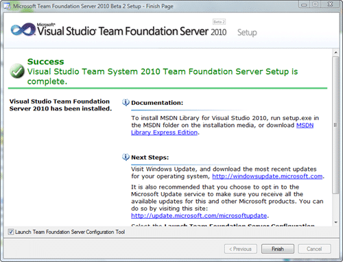 Microsoft Team Foundation Server 2010 Install - Finish Page