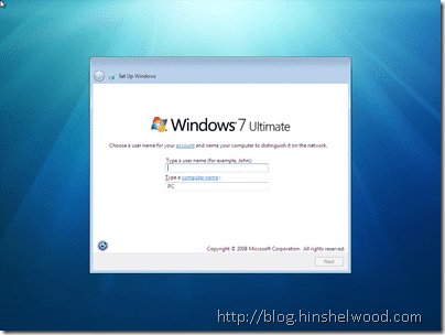 Windows 7 First Boot: enter a user