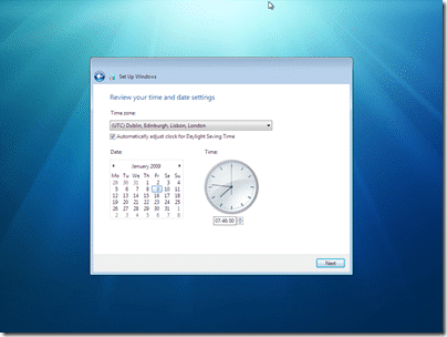 Windows 7 First Boot: Review your time and date settings