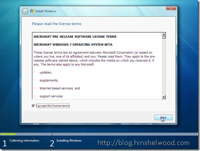 Windows 7 Install: Licence terms