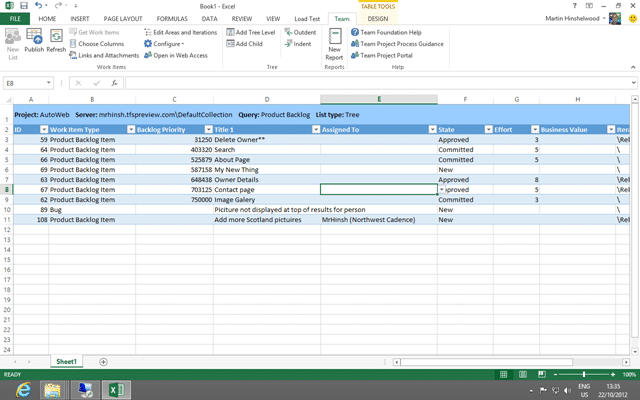 Access your TFS operational store from within Excel 2013