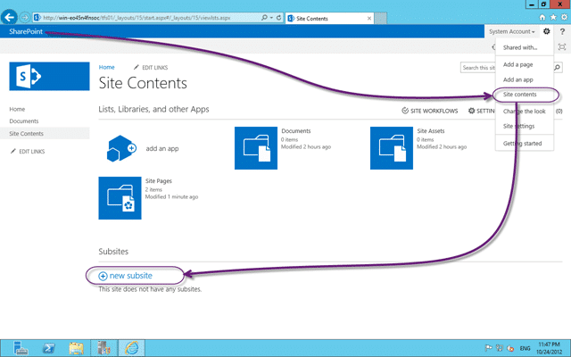 Create new sub site from the Site Content page in SharePoint 2013
