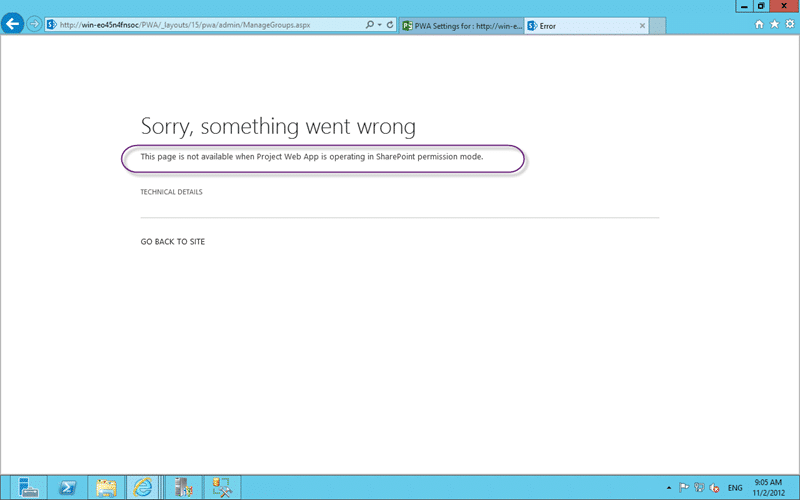 This page is not available when Project Web App is operating in SharePoint permission mode