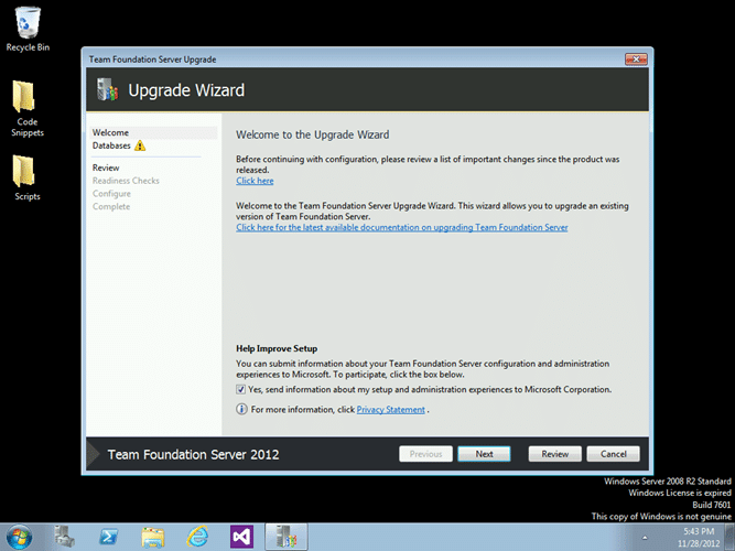 Upgrade of an TFS 2012 RTM to Team Foundation Server 2012 Update 1