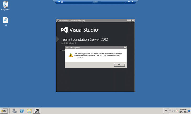 You may be asked to reboot a bunch for Team Foundation Server 2012 Update 1