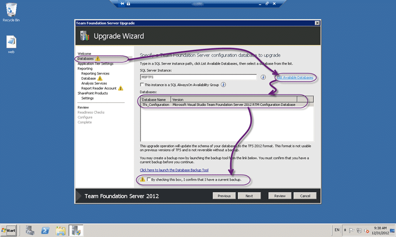 Select the database to upgrade to Team Foundation Server 2012 Update 1