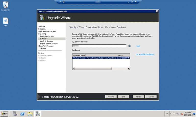 Select the Warehouse to upgrade to Team Foundation Server 2012 Update 1