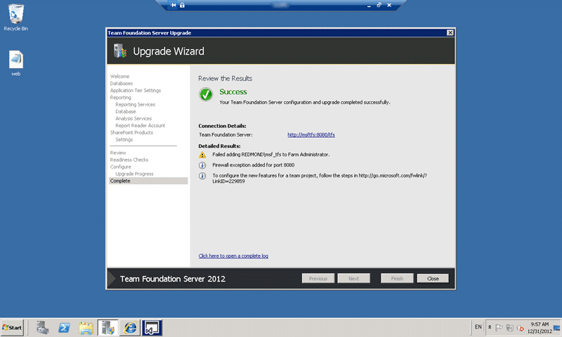 Successful upgrade to Team Foundation Server 2012 Update 1